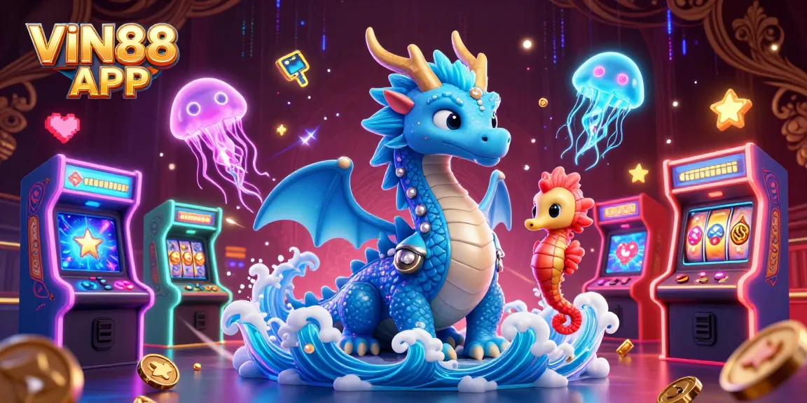 Experience thrilling gameplay with the VIN88 APP, featuring vibrant characters and exciting gaming elements in a dynamic 3D digital casino illustration.