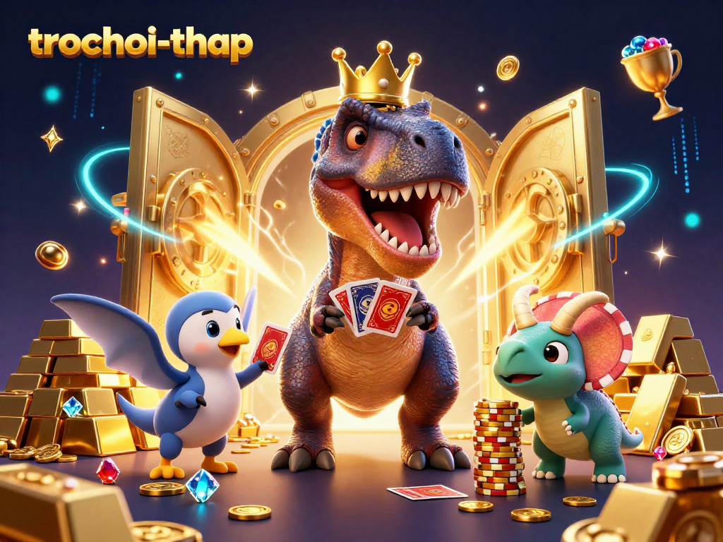 Interact with trochoi-thap game, featuring a T-Rex shuffling cards, a Pterodactyl assisting, and a Triceratops stacking chips in a vibrant casino scene.