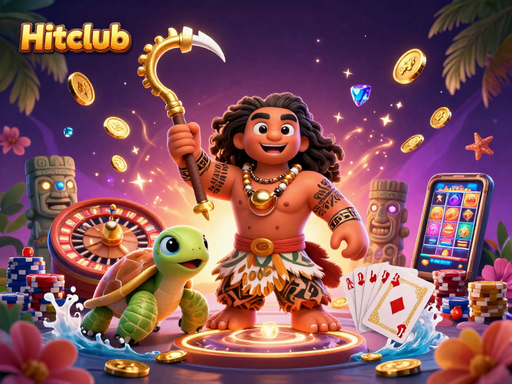 Hitclub showcases thrilling gaming action with Maui, turtle sidekick, and vibrant casino elements.