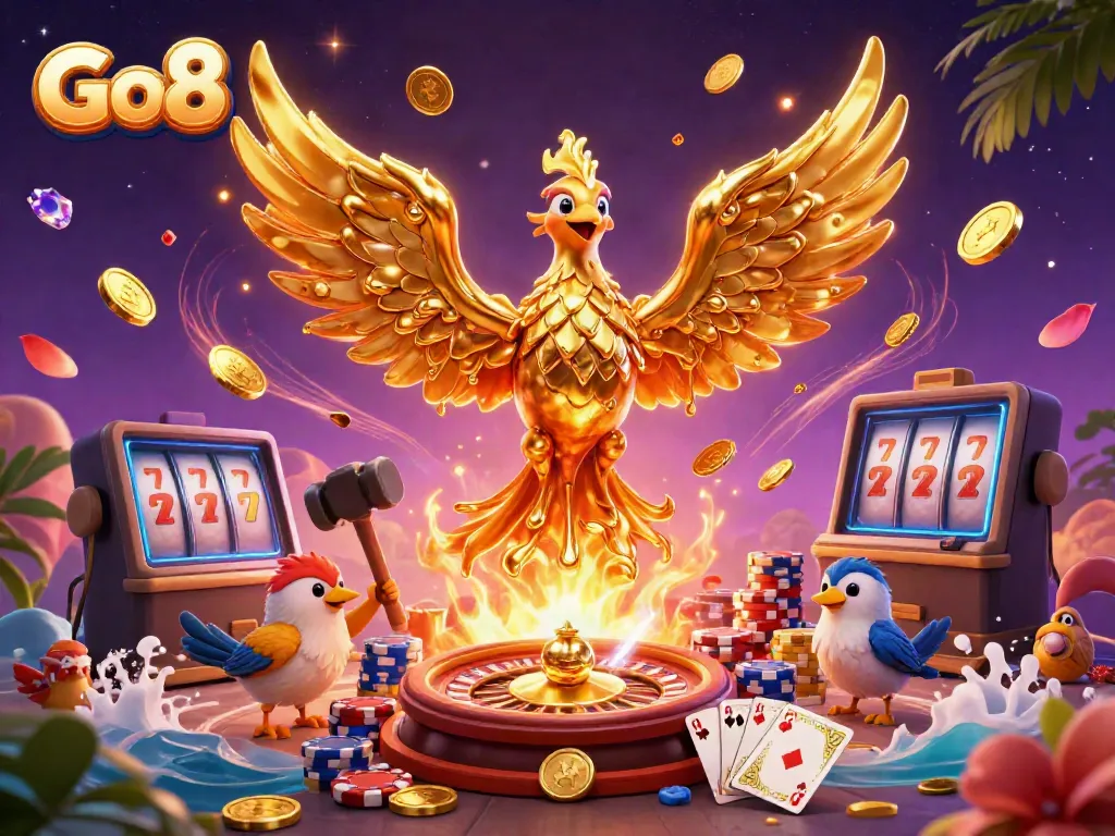 Experience the thrilling world of Go8 with vibrant casino elements and a majestic phoenix!