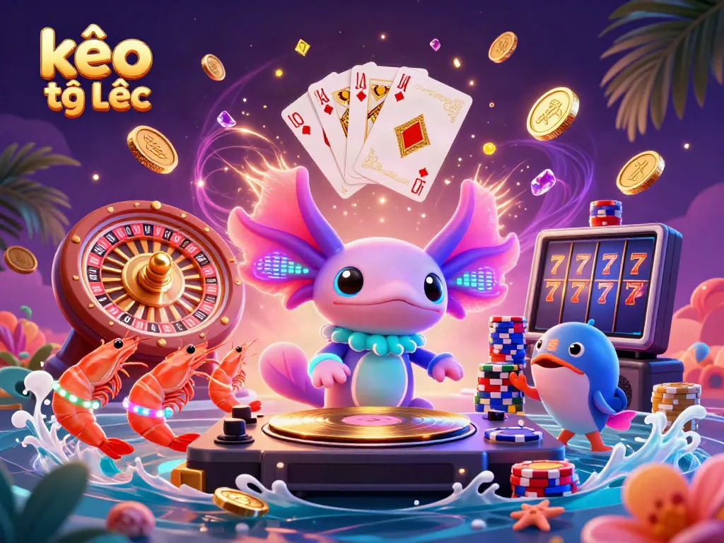 Experience the excitement of kèo trực tuyến with a vibrant underwater casino scene featuring a DJ axolotl and friends.