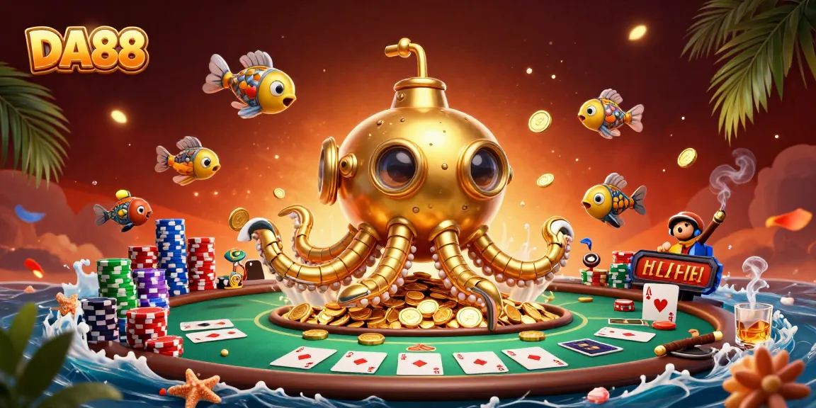 Engage in thrilling gaming at DA88 with vibrant elements of poker and a 3D kraken submarine.