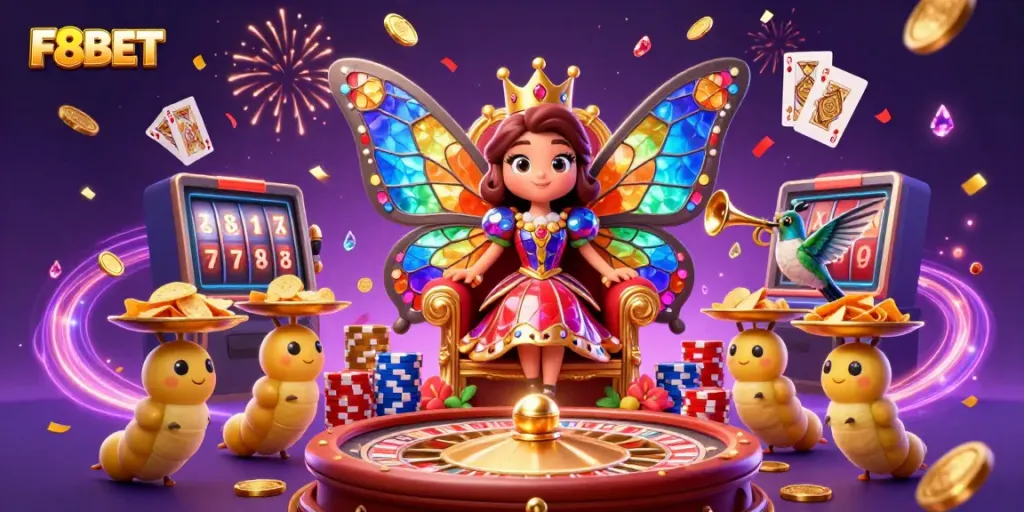 Experience the thrill of F8BET with a magical illustration showcasing a butterfly queen in a vibrant casino setting.