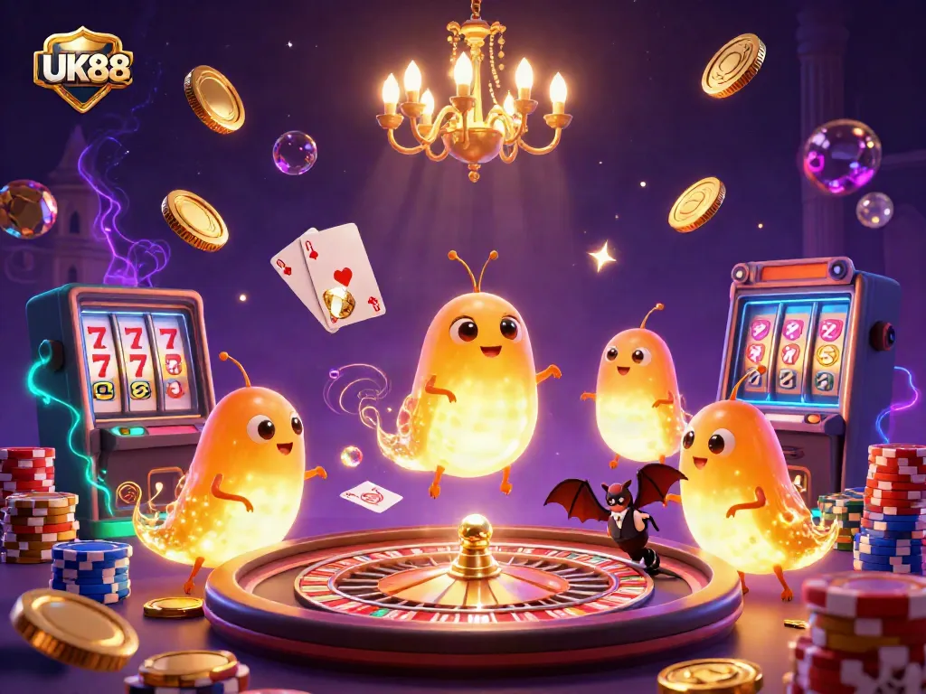 Experience UK88 with bioluminescent glowworms lighting up a lively casino scene filled with winning elements.