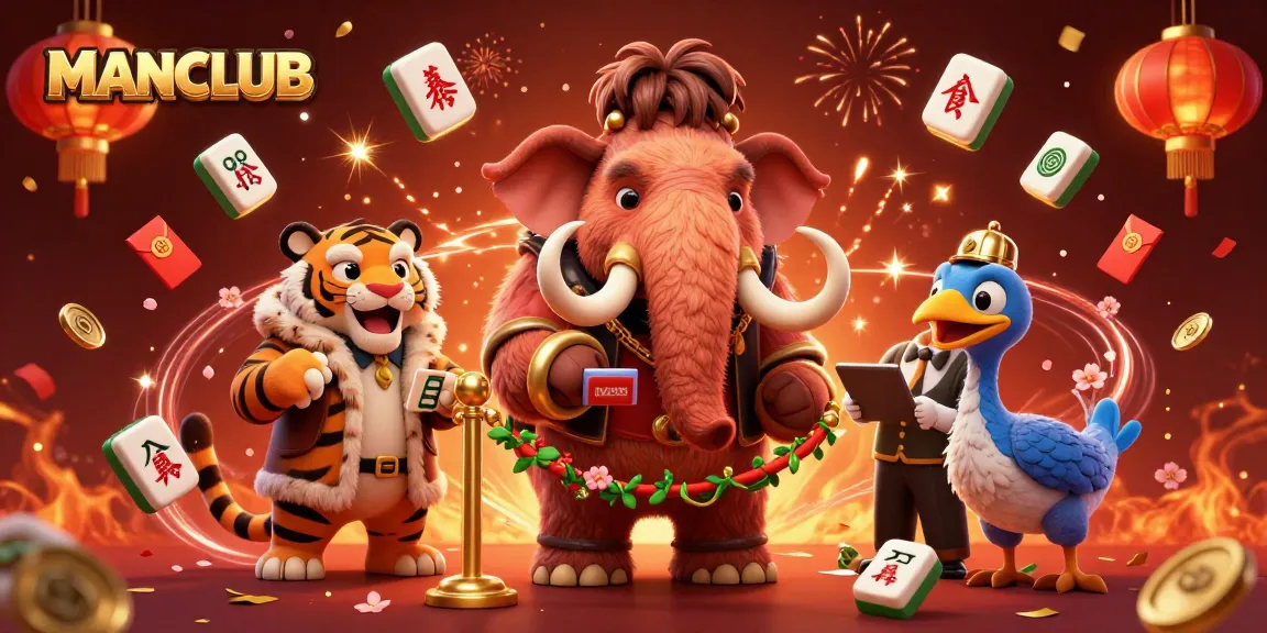 Engage with the exciting world of MANCLUB in this vibrant casino scene illustrating a mammoth checking IDs and a saber-tooth tiger at the door.