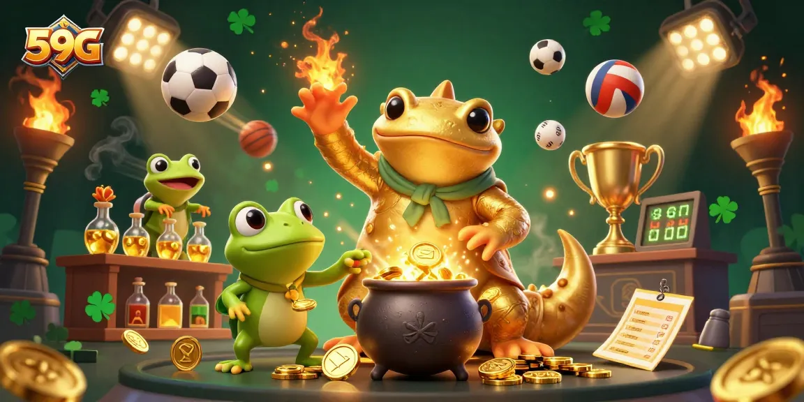 Experience thrilling gameplay with 59G, showcasing a vibrant 3D illustration of an alchemist and sports elements.