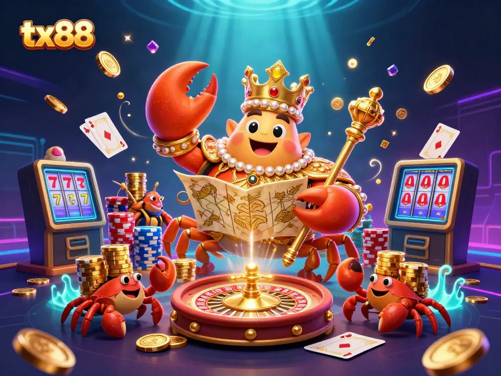 Win big with tx88 in this vibrant 3D digital casino scene featuring a golden crab emperor and lively game elements.