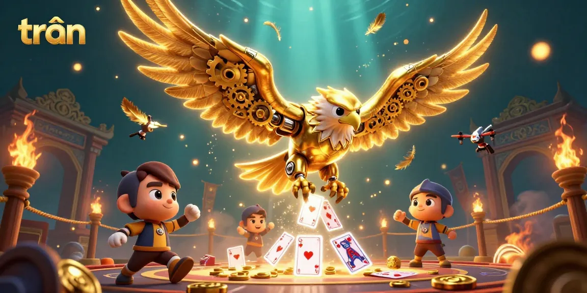 Experience the vibrant world of trần with this stunning 3D illustration showcasing a cybernetic eagle amid a casino-themed adventure.