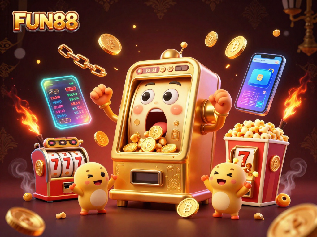 FUN88's exciting golden slot machine hitting a jackpot as coins spill, showcasing vibrant gambling energy.