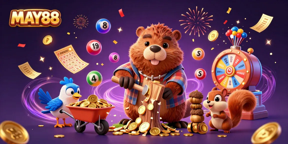 MAY88 celebrates golden winnings with a lively beaver and friends in dynamic casino fun.