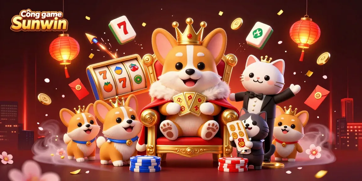 Engage with Cổng game Sunwin’s exciting atmosphere featuring a royal corgi king amidst vibrant gambling elements.