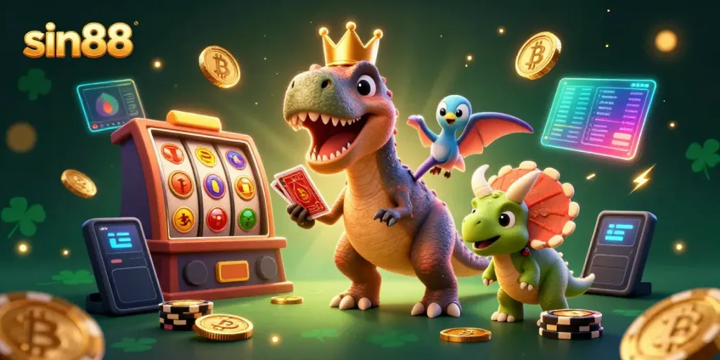 Engaging illustration of sin88's vibrant gambling scene with a whimsical T-Rex and friends.