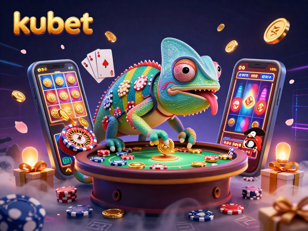 Kubet casino illustration featuring a chameleon owner amidst colorful slot games and golden coins