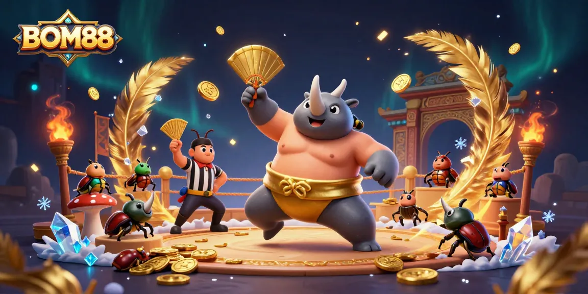 BOM88 gaming scene with beetle champions, coins flying in a vibrant casino context.