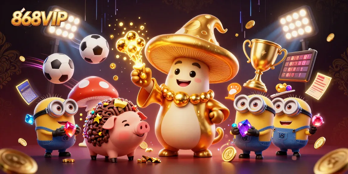 Engage with thrilling 868VIP gaming adventures featuring a golden wizard and treasure-hunting pig in a vibrant casino scene.