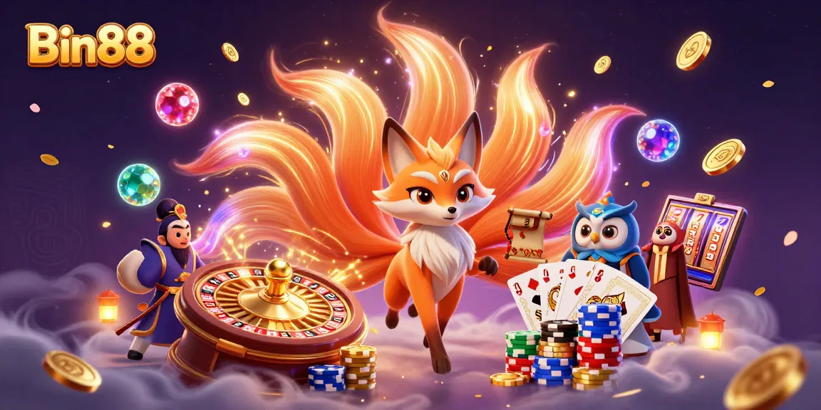 Win big with Bin88 in this vibrant 3D casino illustration incorporating spirits and gaming elements.