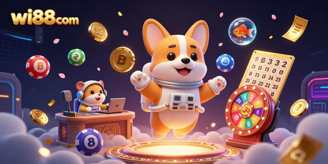 Experience the excitement of wi88 com with a floating corgi casino scene featuring animated gambling elements.