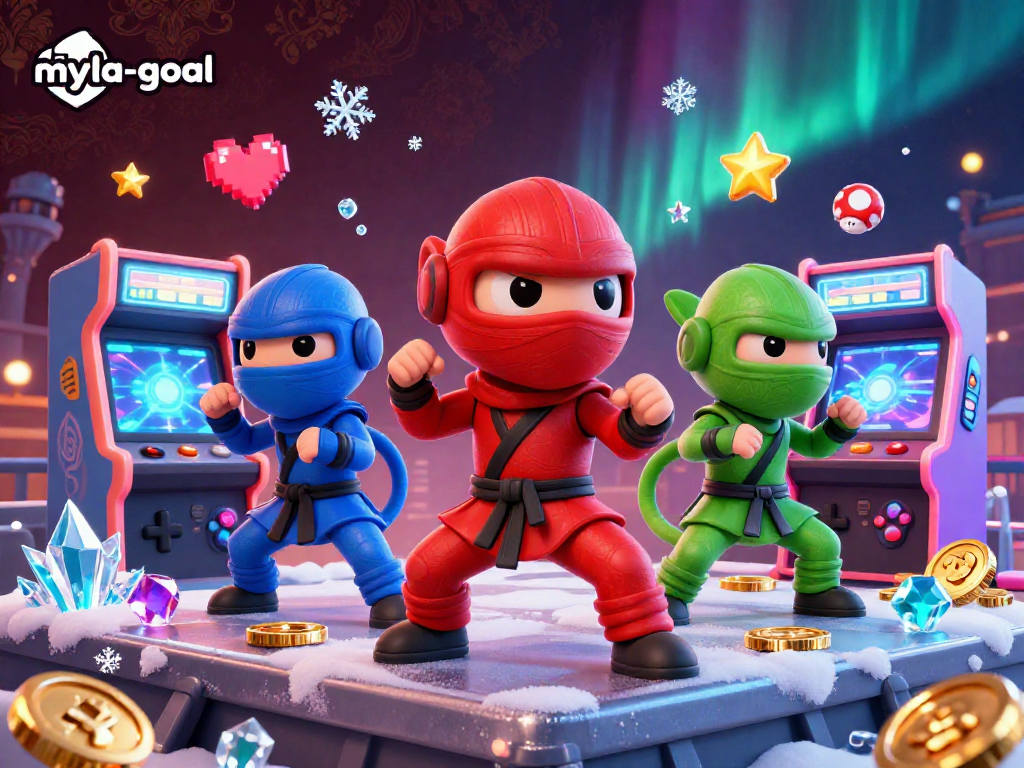 Engage in exciting gameplay elements with myla-goal featuring ninja chameleons battling in a colorful gambling arcade.