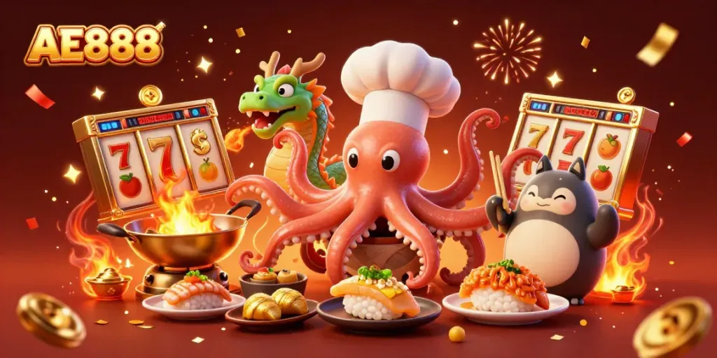 Experience thrilling gameplay at AE888 with vibrant characters and dynamic casino elements in a festive atmosphere.