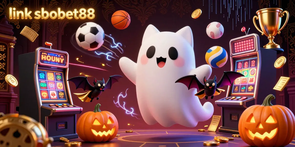 Experience the thrill of link sbobet88 with this engaging 3D casino illustration, showcasing a ghost cat, vampire bat, and sports elements.