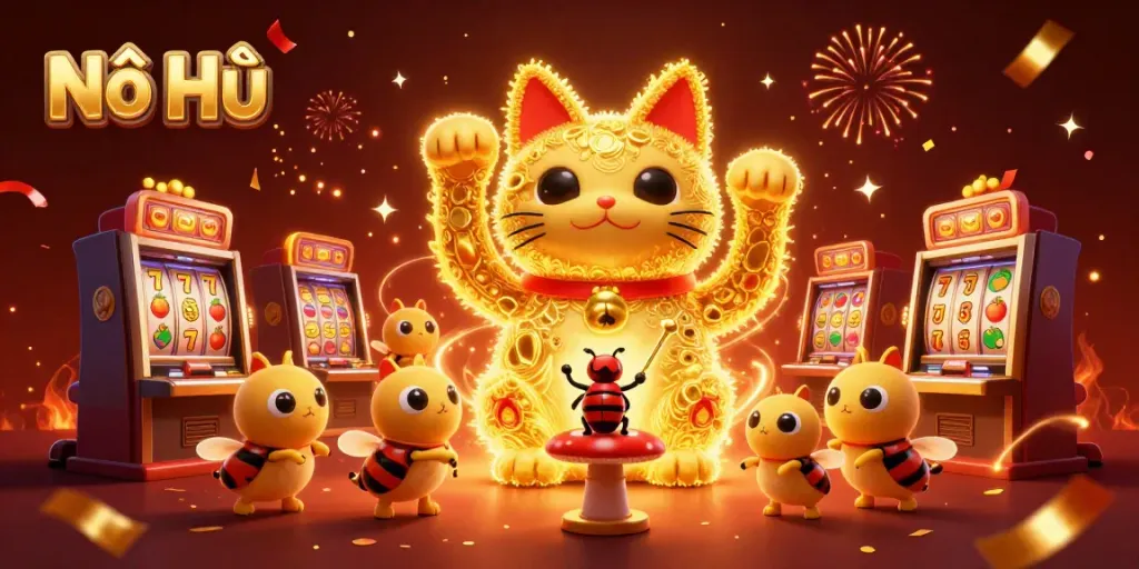 Nổ Hũ showcases a vibrant 3D scene of golden fireflies transforming into a lucky cat among dynamic jackpot elements.