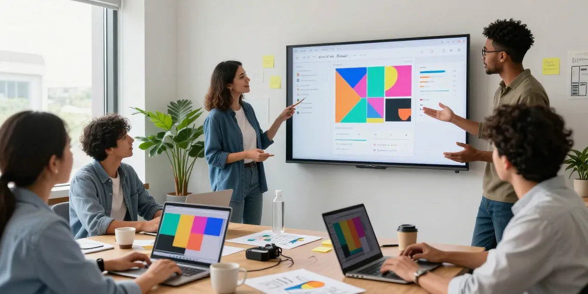 Team collaboration using Google Mixboard on a digital whiteboard in a modern office.