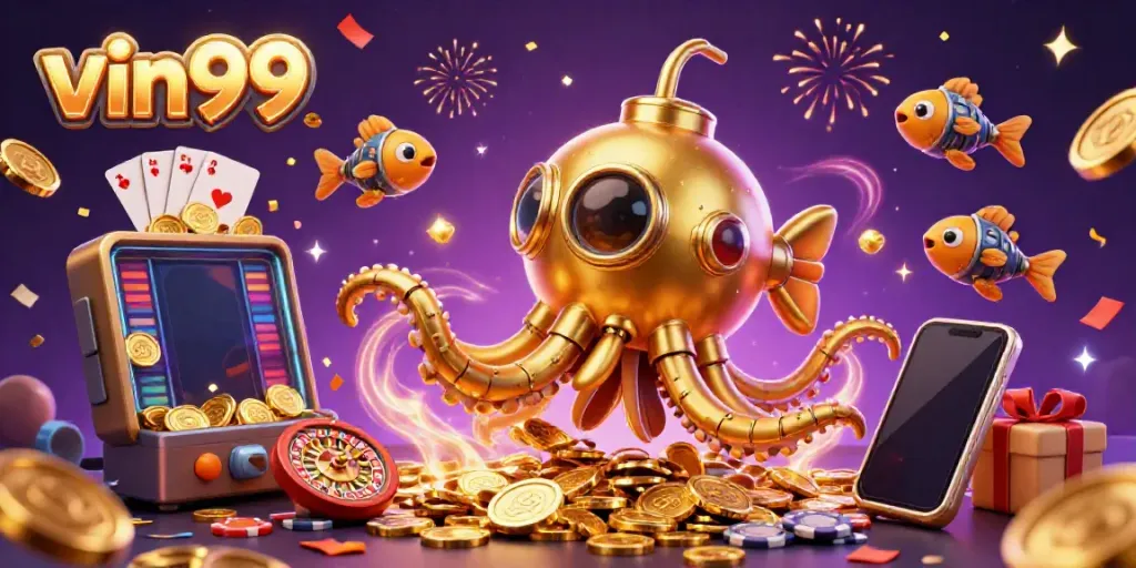 Experience big wins at vin99, where a golden kraken emerges from golden coins, surrounded by vibrant casino elements.