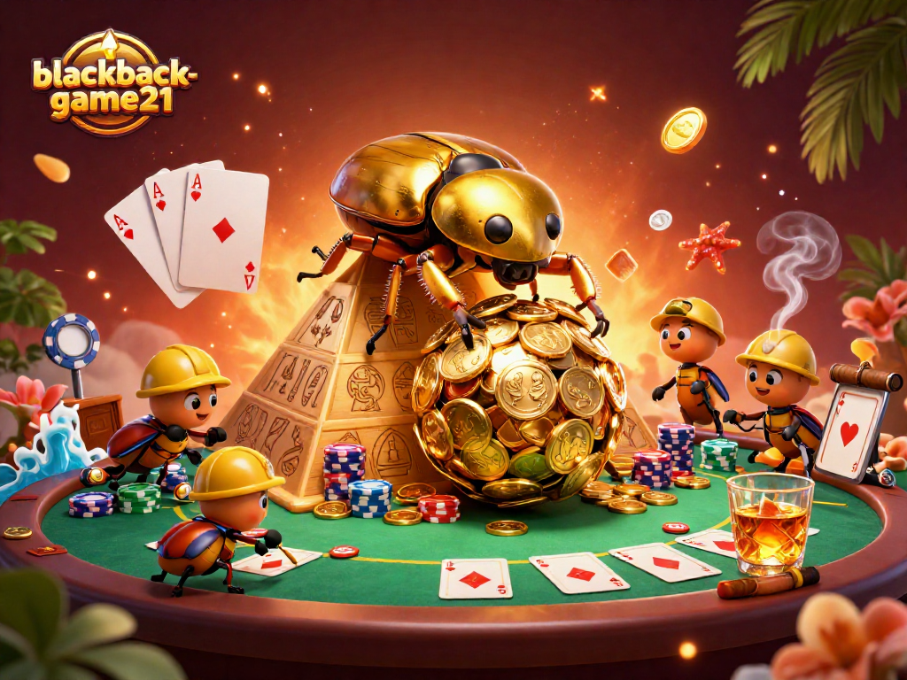 Win big with blackjack-game21's exciting gaming scene featuring golden coins and poker elements!