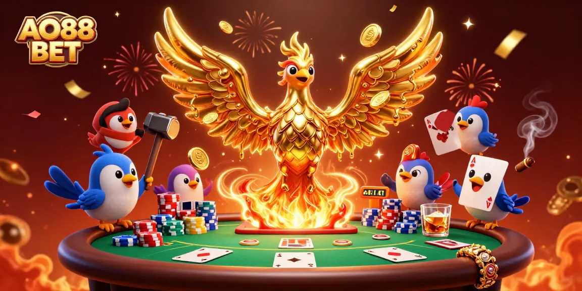 Experience the excitement of AO88 BET with a golden phoenix and poker elements in a casino scene.