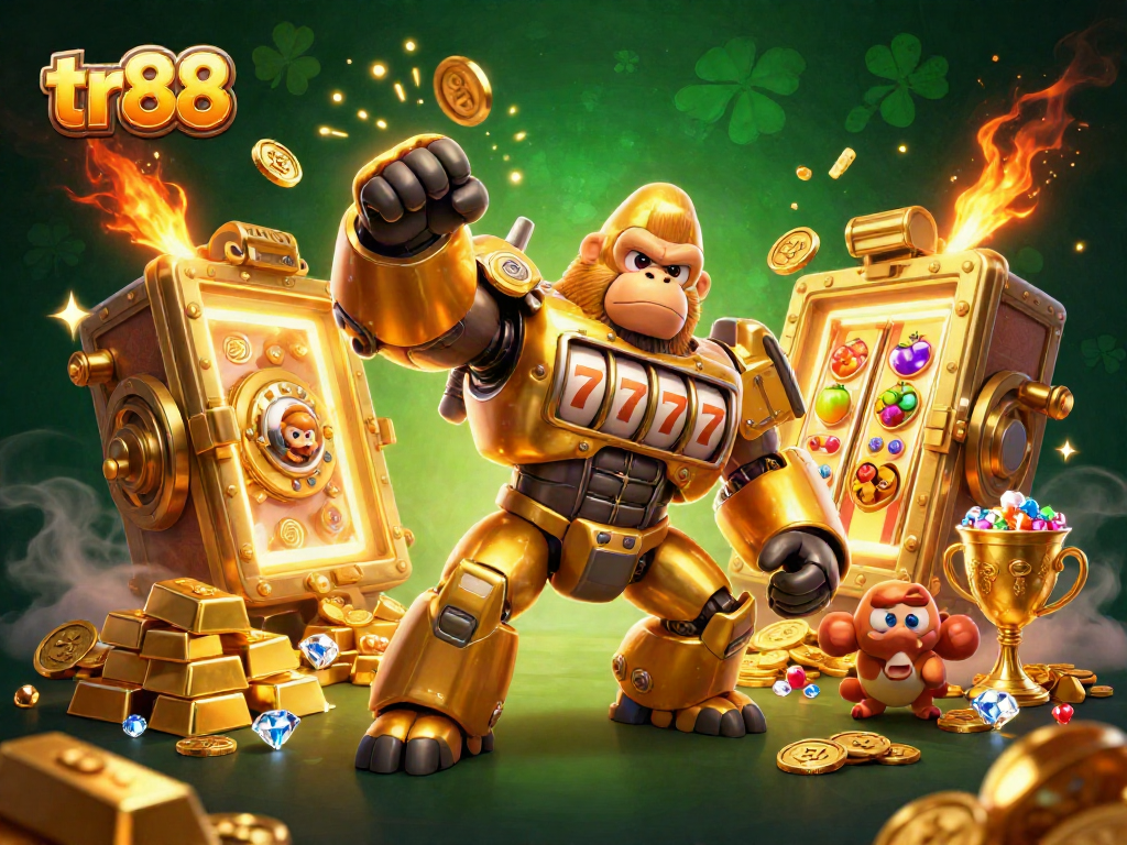 Experience thrilling action with tr88's golden gorilla mech amid a treasure-filled casino backdrop.