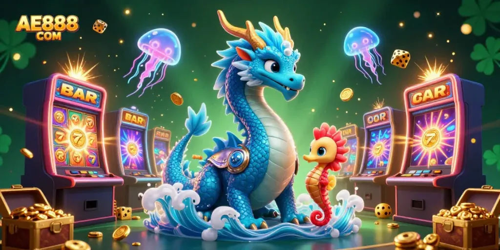 Experience gaming excitement with AE888 COM's vibrant slot scenes featuring a majestic dragon and seahorse knight.