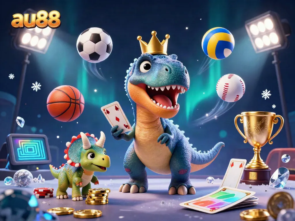 Engage in thrilling betting action with au88 in a vibrant casino scene featuring dinosaur characters amidst flying sports balls and gold coins.