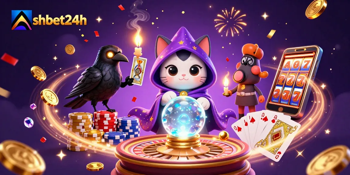 Experience the thrill of shbet24h with a vibrant 3D casino scene featuring a mystical cat and a tarot raven.