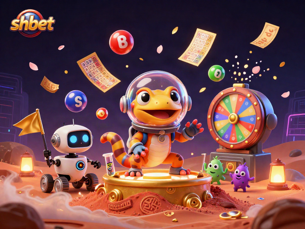 Shbet unveils vibrant casino charm amid Martian sand; dynamic lottery balls and golden prizes showcase excitement.