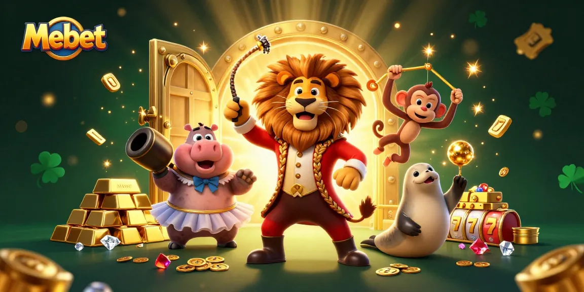 Mebet showcases lively casino characters amidst vibrant slot game elements and treasure.