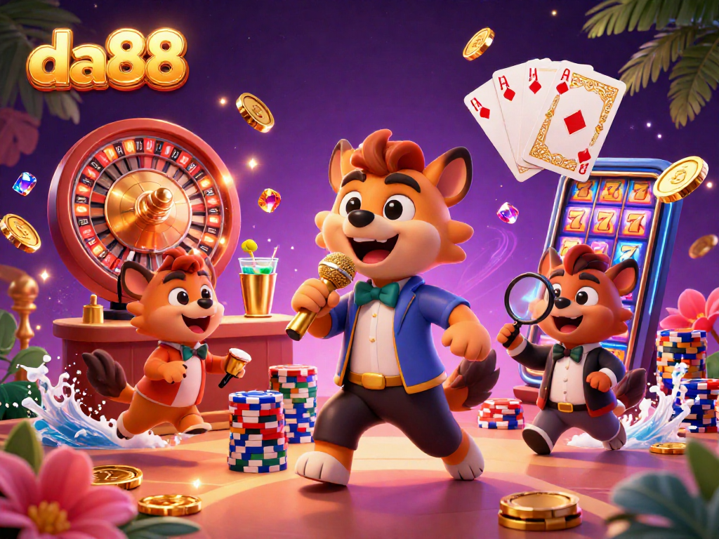 Engage with da88's vibrant comedy casino, featuring hyenas and rich gaming elements.