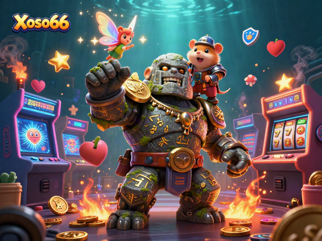 Xoso66 offers engaging slot games with ancient guardian and whimsical characters in a vibrant casino setting.