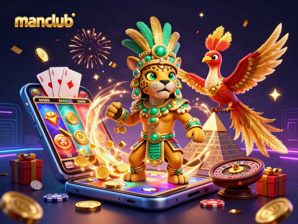 Experience excitement at manclub with vibrant slot games and gold coins cascading in celebration.