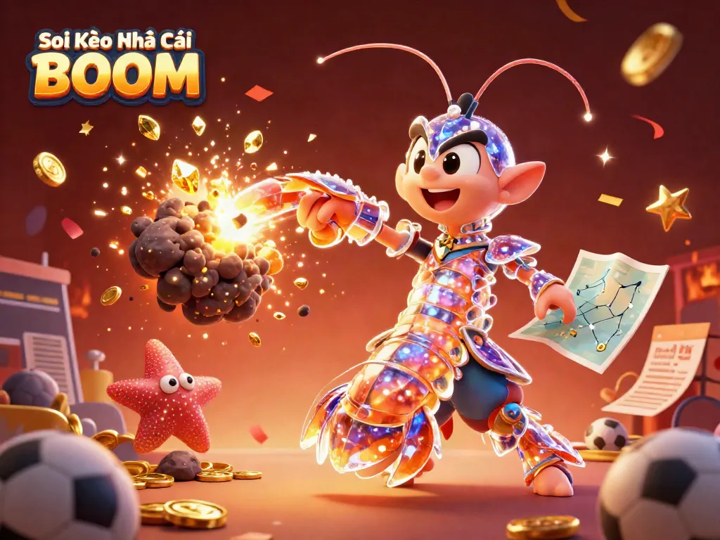 Soi Kèo Nhà Cái BOOM showcases a vibrant scene where a samurai mantis shrimp battles an asteroid amidst falling confetti and sports elements.