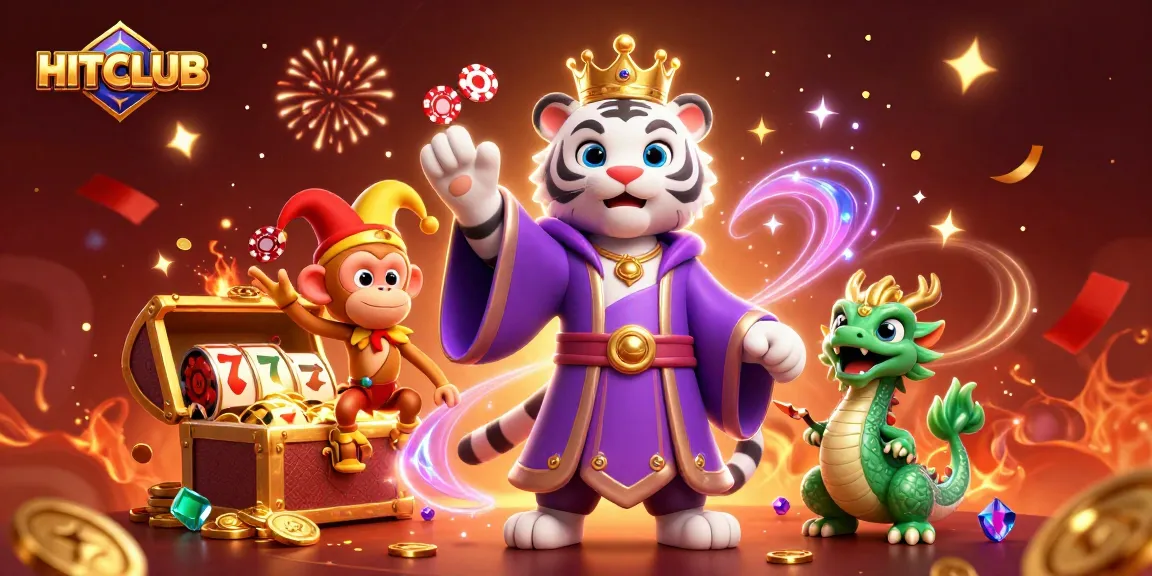 Experience the excitement of HITCLUB with a lively 3D illustration featuring characters amidst casino games.