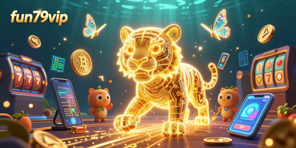 Engage with fun79vip in an immersive digital casino scene featuring a glowing golden tiger and cryptocurrency elements.