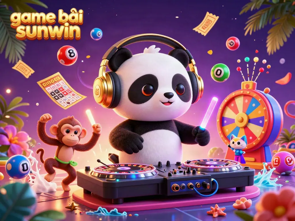 Experience dynamic gaming with game bài sunwin as a DJ panda spins on roulette turntables, surrounded by vibrant lottery elements.