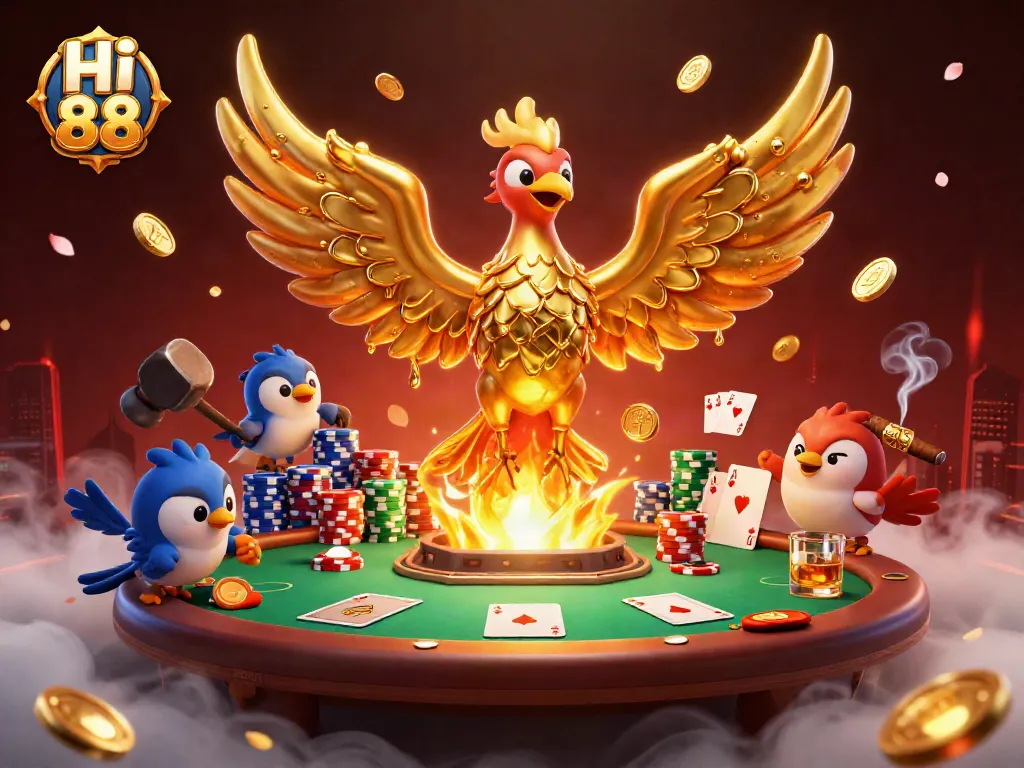 Experience the thrill of Hi 88 as the golden phoenix emerges amidst poker setups and shimmering coins.