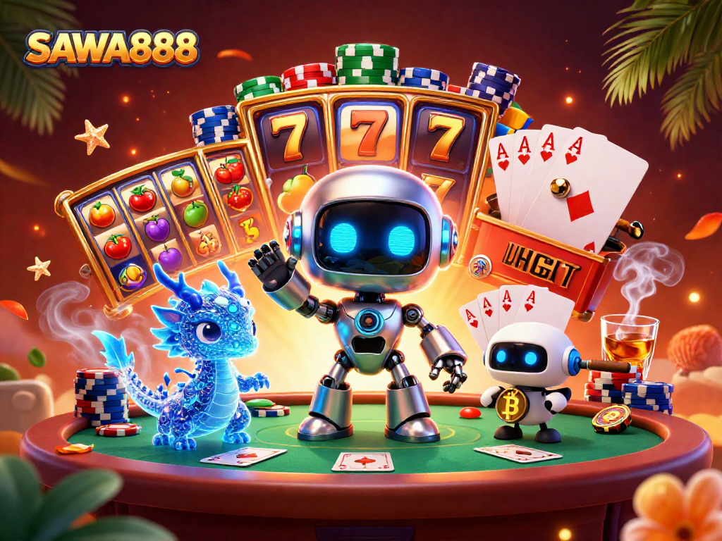 Experience thrilling slots and poker at SAWA888 with our cyberpunk robot and AI dragon!