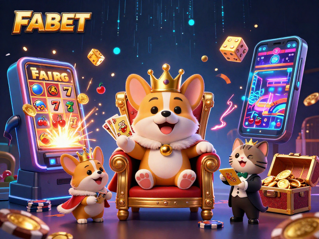 Experience the thrill of FABET with a royal corgi on a poker chip throne, surrounded by vibrant casino elements.