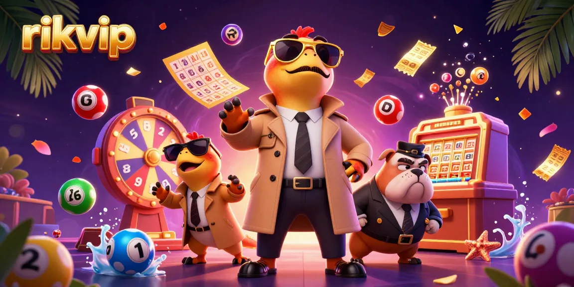 Catch the excitement at rikvip's vibrant casino with raptors and a bulldog bouncer amidst dynamic lottery elements.