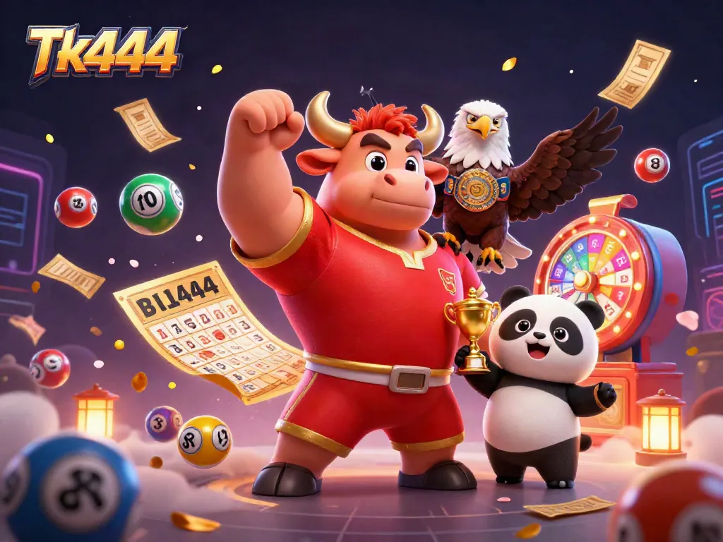 Tk444 celebrates a dynamic gaming experience with exciting mascots and colorful game elements in a vibrant scene.