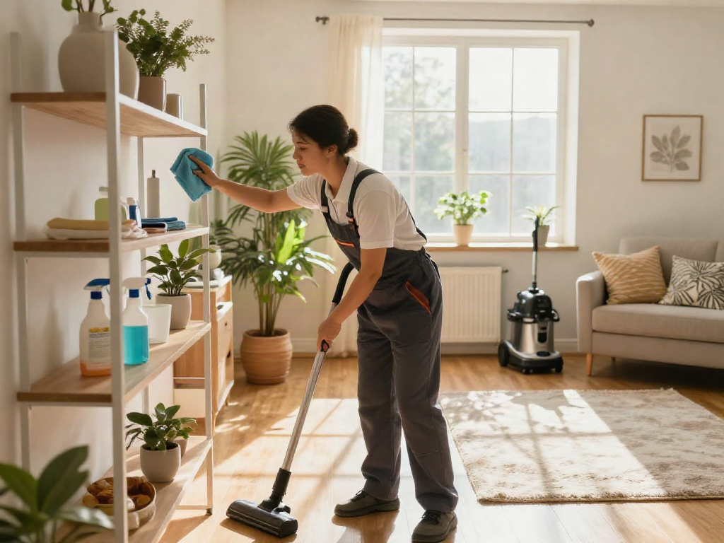 Professional cleaner dusting shelves in a bright living room with depo 10k cleaning supplies.