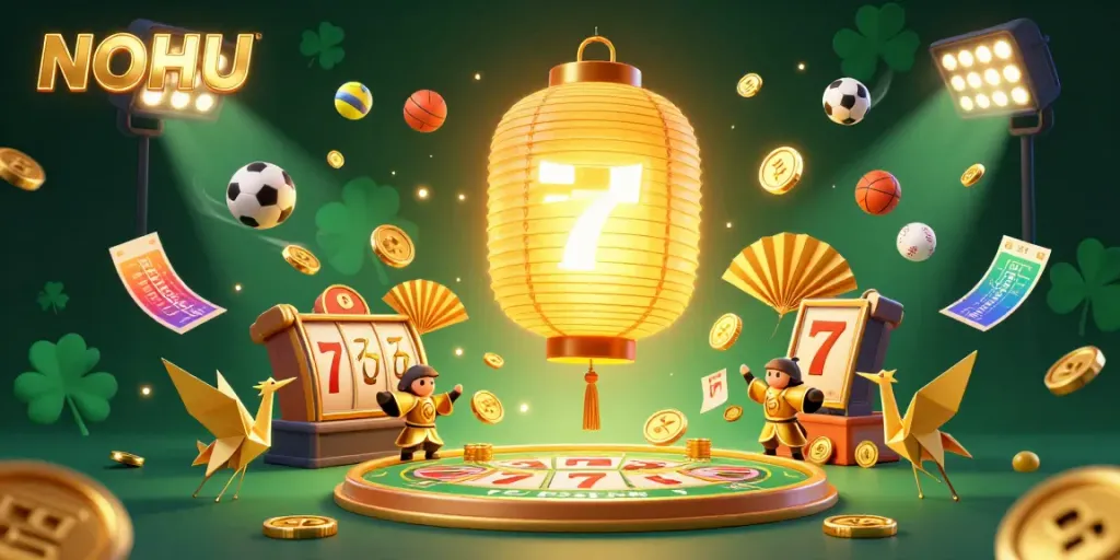 Engage with the vibrant gaming world at NOHU, showcasing lively casino elements like golden lanterns and sports betting action.