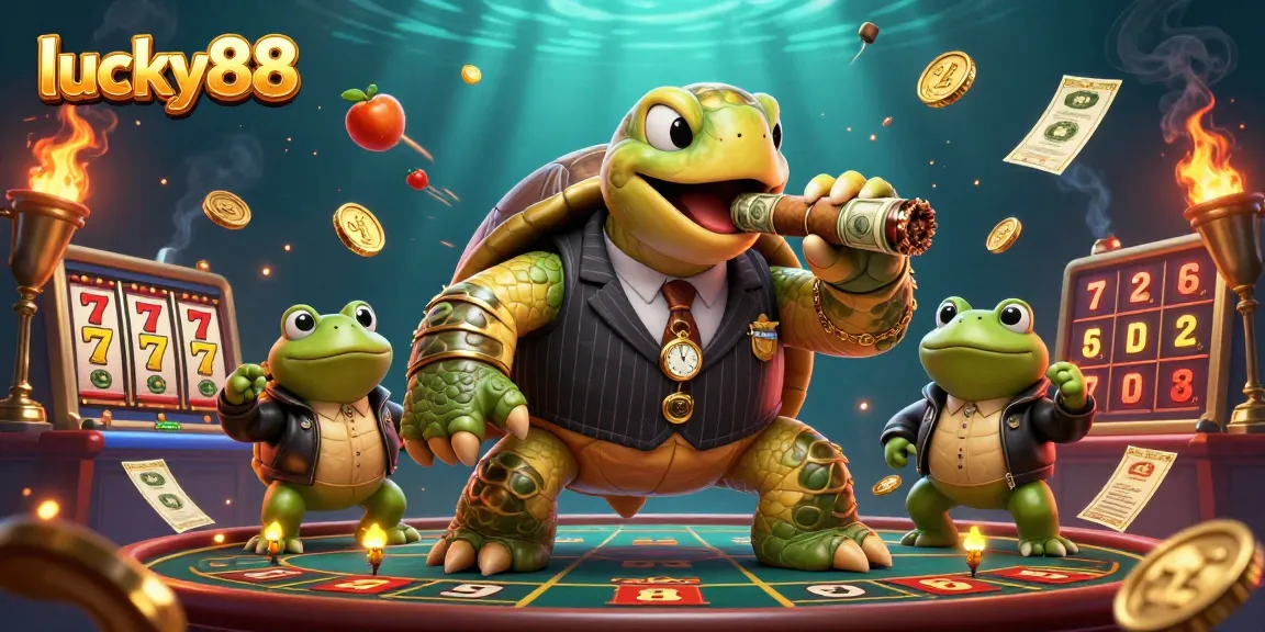 Lucky88 showcases a dynamic scene featuring a cartoon turtle and bullfrog enforcers celebrating on a plush casino floor.